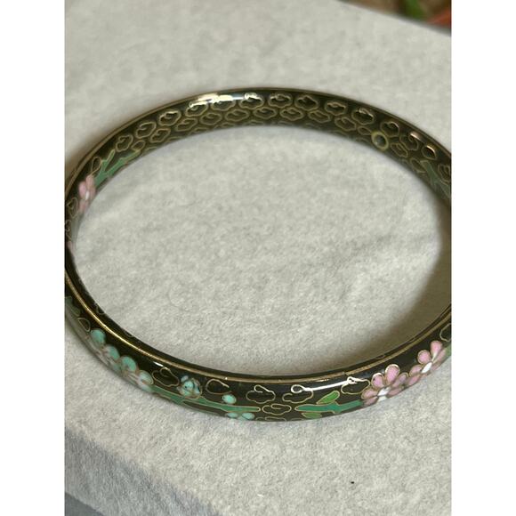 Vintage Cloisonné Enamel Bangle Bracelet Set of 3 Floral Chinoiserie Stackable - Picture 5 of 12